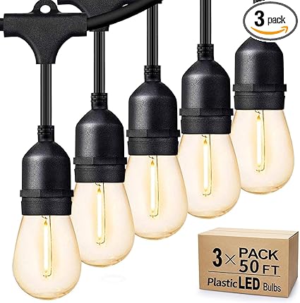 Svater Outdoor String Lights 150FT, E26 Socket, 48pcs S14 Shatterpoof Bulbs, 1 Watt Dimmable 2700K Warm White, IP65 Waterproof Commercial Grade Patio Lights(3 Pack X 50FT)