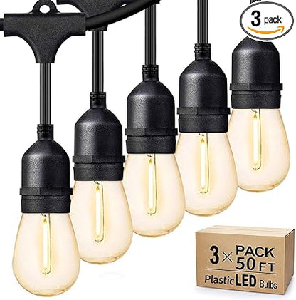 Svater Outdoor String Lights 150FT, E26 Socket, 48pcs S14 Shatterpoof Bulbs, 1 Watt Dimmable 2700K Warm White, IP65 Waterproof Commercial Grade Patio Lights(3 Pack X 50FT)