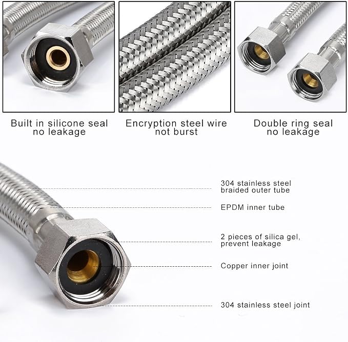 Faucet Line Connector Braided 304 Stainless Steel Supply Hose 1/2" I.P. Female Thread to 3/4" I.P. Female Straight Thread Faucet Hose Replacement (One Pair)