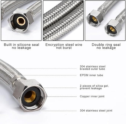 Faucet Line Connector Braided 304 Stainless Steel Supply Hose 1/2" I.P. Female Thread to 3/4" I.P. Female Straight Thread Faucet Hose Replacement (One Pair)
