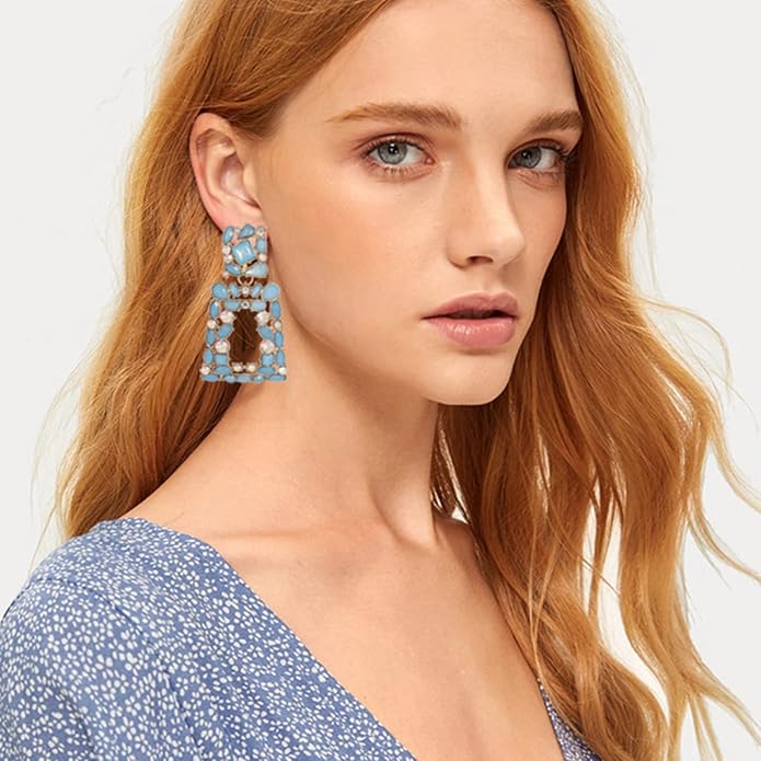 Rhinestone Rectangle Dangle Statement Earrings Trendy Crystal Geometric Drop Earrings hypoallergenic for Women