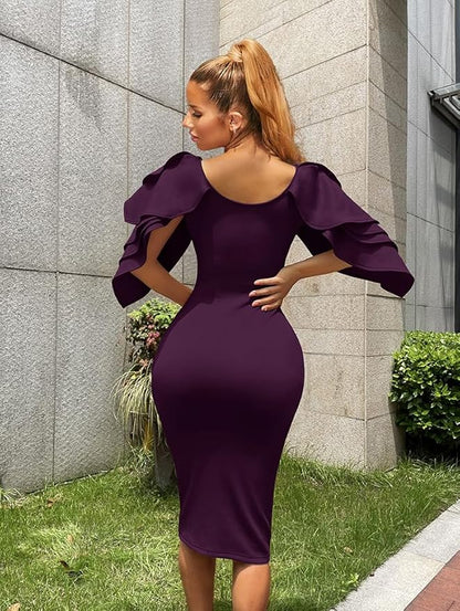 DAAWENXI Women's Elegant Ruffle Off The Shoulder Zipper Empire Midi Cocktail Dress