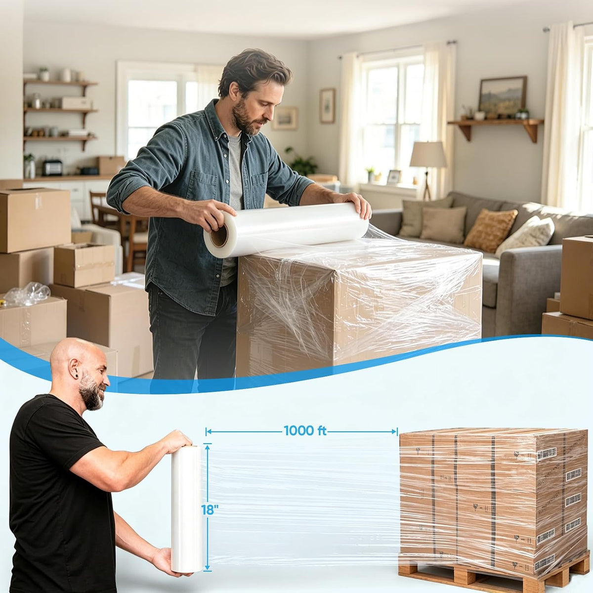 TICONN 1Pk Stretch Wrap Stretch Film Roll, 1000ft Industrial Strength 18 inch Wide Clear Plastic Wrap for Pallet Wrapping Shipping Moving (No Handle)