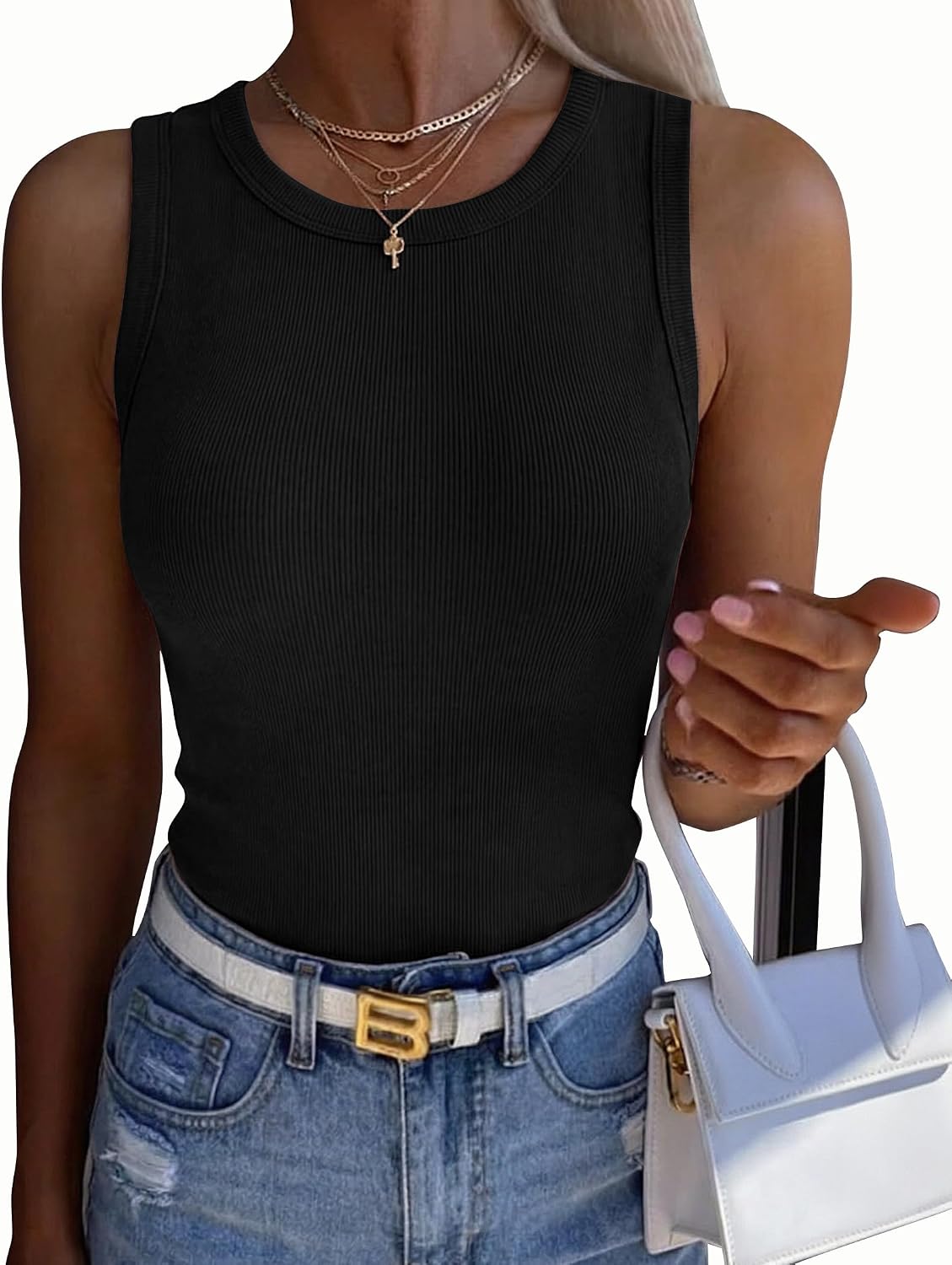 Zeagoo Womens Sleeveless Crewneck Ribbed Tank Tops Casual Basic Summer Top Slim Fitted Racerback Shirts