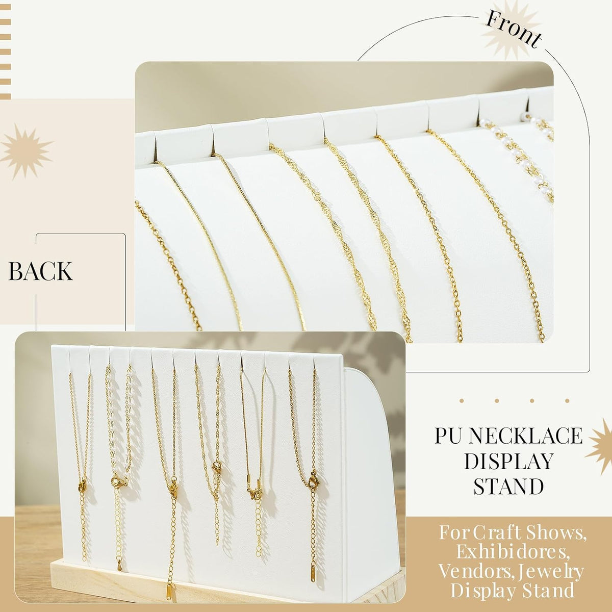 2 Pieces Cambered Wooden Necklace Display Stand with Soft Mat Necklace Holder Jewelry Display for Vendors Home Boutique Countertop Pendant Chain Chokers Organizer Pendant (White,PU Leather)