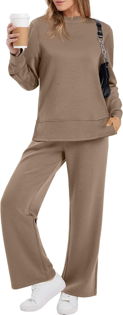 XIEERDUO Women's Side Slit Lounge Sets 2 Piece Outfits Mock Neck Tracksuit Fashion Sweatsuit Wide Leg Loungewear S-3XL