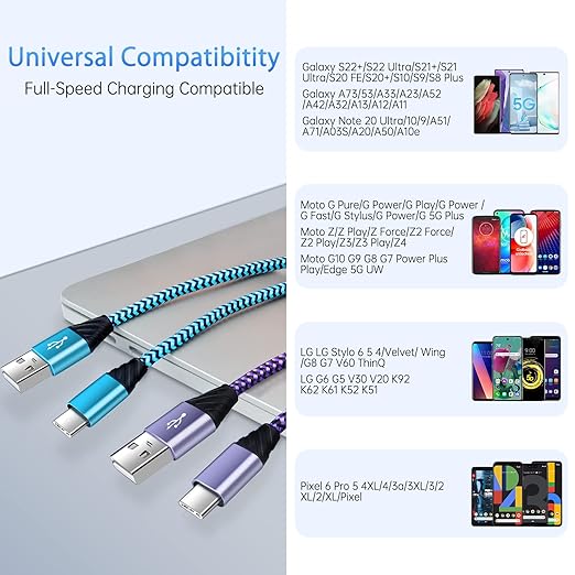 Android Auto USB C Cable Type C Charger USB Data Transfer Cable Fast Charging for Samsung Galaxy S25 UltraS25S24FEA23A16A15A35A55A06S24 UltraS23FES23 UltraS22A54A53A14A13, 3FT 2Pack