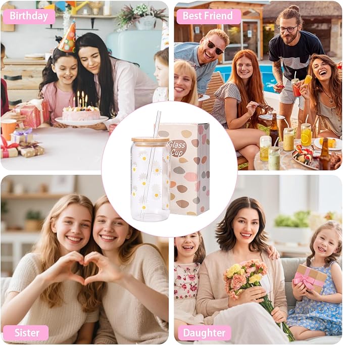 ANABIUP Cute Glass Cups with Lid, Daisy Flower Iced Coffee Smoothie Matcha Cup Tumbler Birthday Gifts for Women Sister Friend Her Preppy Teenage Girls Teen Girl Gifts Trendy Stuff Things