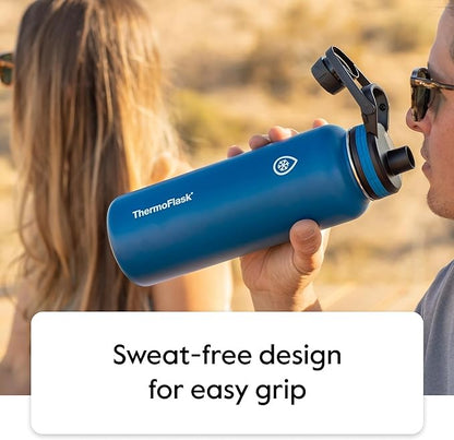ThermoFlask Bottle with Chug Lid & Straw Lid - Insulated Stainless Steel Water Bottle with Leak-Proof Lids - Dishwasher-Safe Reusable Bottle & Lids - Durable Bottle, 2 Straws & 2 Lids - 64 oz, Black