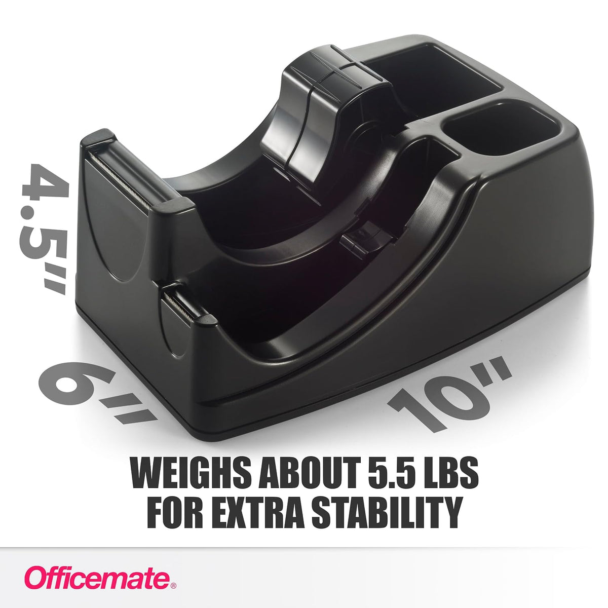 Officemate 2-in-1 Heavy Duty Tape Dispenser - Fits 1 Inch and 3-Inch Cores, Weighted 5.5 lb Base for Stability, Holds Packing and Standard Tape, Storage Compartment for Office Supplies, Black (Teeth on tape cutter is slightly bent)