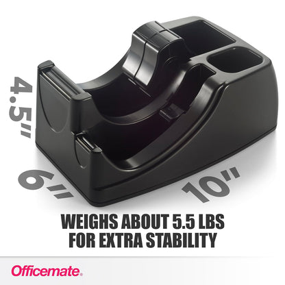 Officemate 2-in-1 Heavy Duty Tape Dispenser - Fits 1 Inch and 3-Inch Cores, Weighted 5.5 lb Base for Stability, Holds Packing and Standard Tape, Storage Compartment for Office Supplies, Black (Teeth on tape cutter is slightly bent)