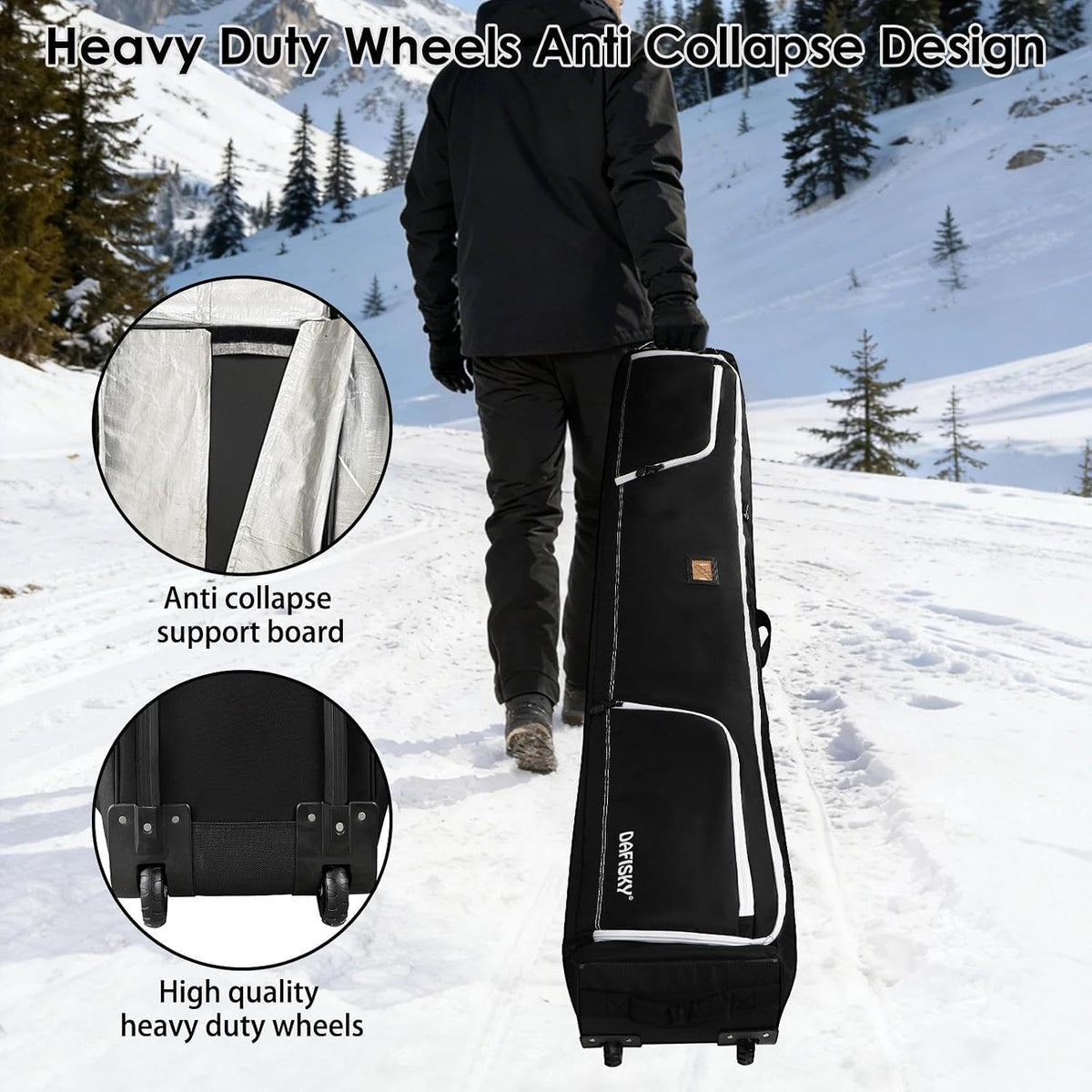 Ski Bags for Air Travel with Wheels Fit Single Snowboard or Double Skis 175 up to 190cm, All-Round Padded Protection, Waterproof, Adjustable Internal Straps