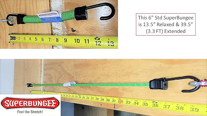 Bungee Cord - SuperBungee Cord - 6-inch Body (12" incl Hooks) Stretches to 3.2FT with Steel-Core Non-Scratch Hooks