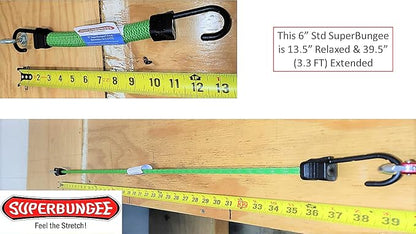 Bungee Cord - SuperBungee Cord - 6-inch Body (12" incl Hooks) Stretches to 3.2FT with Steel-Core Non-Scratch Hooks