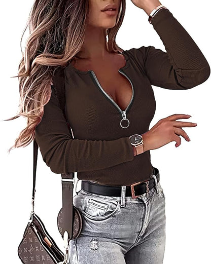 Womens Sexy Tops Long Sleeve Henley Shirts Fitted Low Cut Tops Ribbed Zipper V Neck Cleavage Fall Shirts Blouses