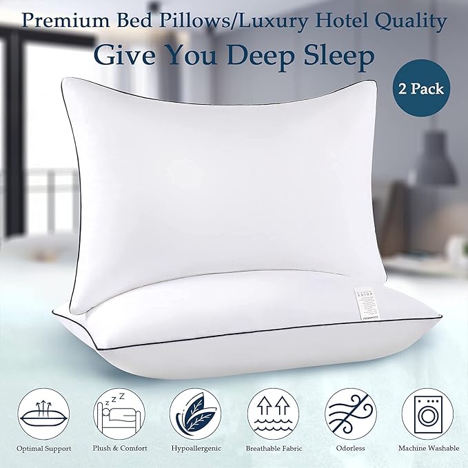 Bed Pillows for Sleeping 2 Pack, Queen Size Set of 2 for Side Back and Stomach Sleepers, Cooling Pillows,Down Alternative Filling Luxury Soft Supportive Plush Pillows (White)