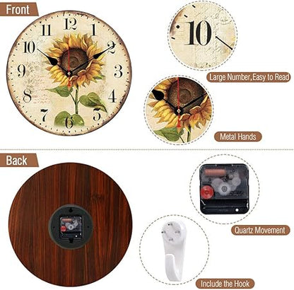 10 Inch Decorative Wall Clock Arabic Numeral Wall Clocks Battery Operated Silent Wall Clocks Wooden Round Sunflower Hanging Clock for Kitchen,Dining Room,Office and Living Room