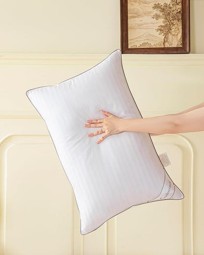 Goose Feather Down Bed Pillow for Sleeping, Hotel Collection Queen Size Soft Bed Pillow,100 Cotton Cover Queen Size Stripe White 1 Pack