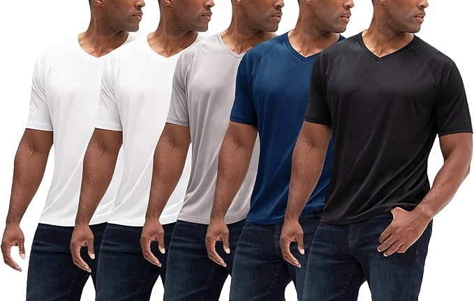 DEVOPS 2 or 5 Pack Men's UPF 50+ Sun Protection Moisture Wicking Dry-Fit Short Sleeve Workout V-Neck Shirts