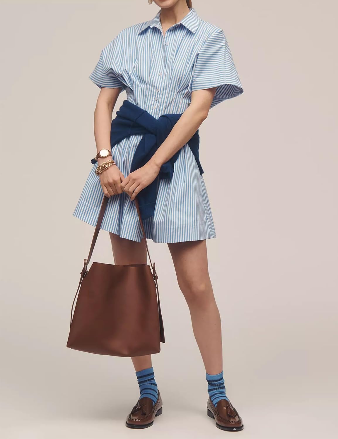 synound Women’s Button Front Down Pleated Shirt Dress Summer Casual Striped Short Sleeve Blouse Mini Dresses