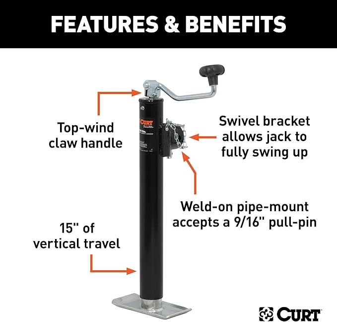 CURT 28356 Weld-On Pipe-Mount Swivel Trailer Jack, 5,000 lbs. Support Capacity, 15 Inches Vertical Travel