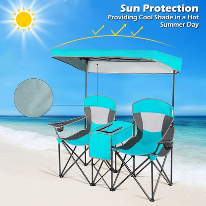 Goplus Double Beach Chair with Canopy Shade, Folding Lawn Camping Chairs with Sunshade  Mini Table Beverage Holder  Carrying Bag for Outdoor Travel Hiking Fishing Poolside