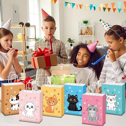 Zhanmai 24 Pcs Cat Goodie Bags Cat Party Favor Kitty Gift Bags with Handles Cat Candy Treat Paper Bags for Kids Cat Birthday Party Decoration Supplies for Pet Adoption