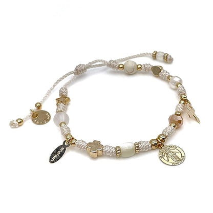 St Jude Thaddeus Blessed Bracelet for Health Pray Saint of Hope and Impossible Causes Pulsera de San Judas Adjustable Religious Jewelry for Women and Teenagers (Ivory)