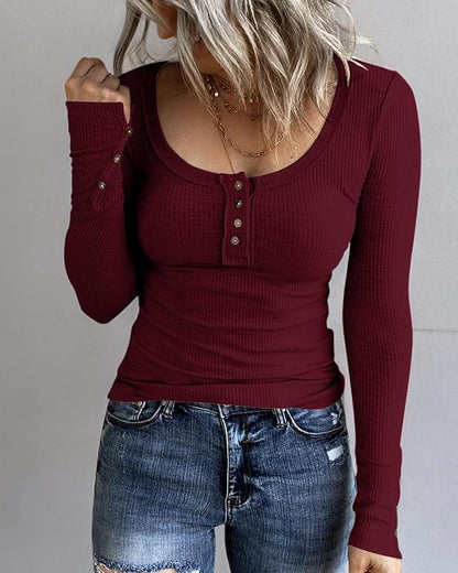 KINLONSAIR Women’s Long Sleeve Henley T Shirts Button Down Slim Fit Tops Scoop Neck Ribbed Knit Shirts