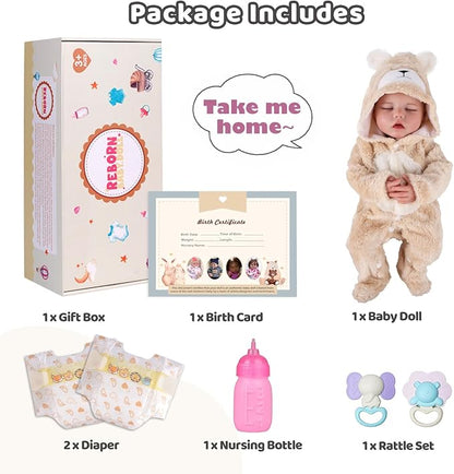 BABESIDE 17 Inch Drink and Wet Reborn Baby Doll, Full Soft Vinyl Girl | Closed-Eye Newborn Look, Realistic Details, Bear Outfit, Feeding and Diaper-Changing Play, Gift for Kids Ages 3+