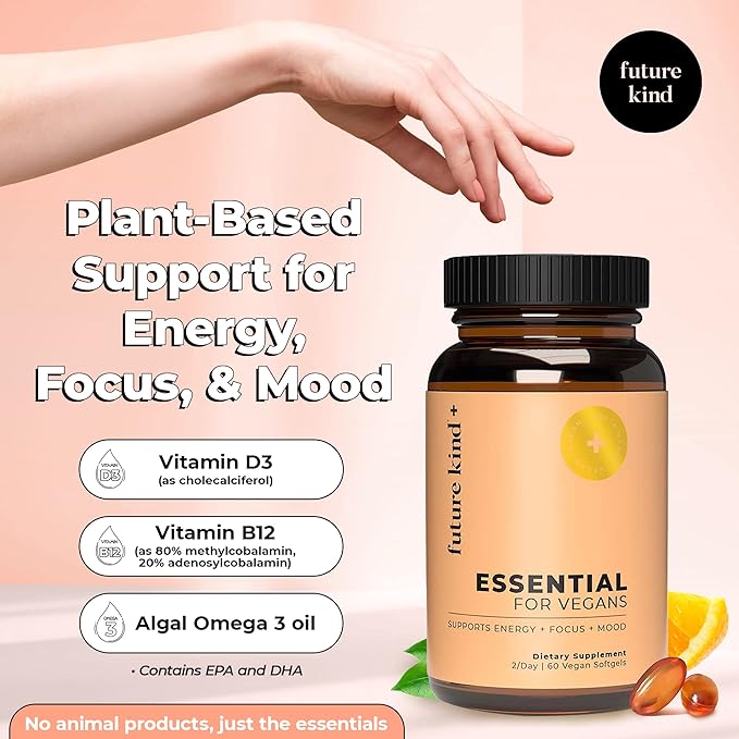 Future Kind Vegan Multivitamins - Glass Bottle  Made for Vegans with Omega 3 DHA, EPA, Vitamin B12  D3 for Energy, Focus,  Mood (60 Softgels)