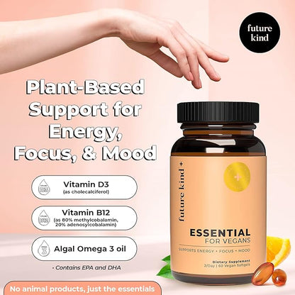 Future Kind Vegan Multivitamins - Glass Bottle  Made for Vegans with Omega 3 DHA, EPA, Vitamin B12  D3 for Energy, Focus,  Mood (60 Softgels)