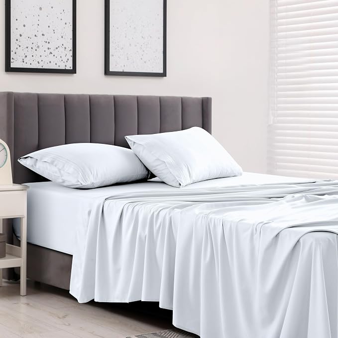 LUX Décor Queen Sheet Set - 4 Piece Ultra-Soft Microfiber Bed Sheets with Flat Sheet, 16 Inches Deep Pocket Fitted Sheet & 2 Pillowcases, Cooling & Breathable, Hotel Luxury, Oeko-TEX - White