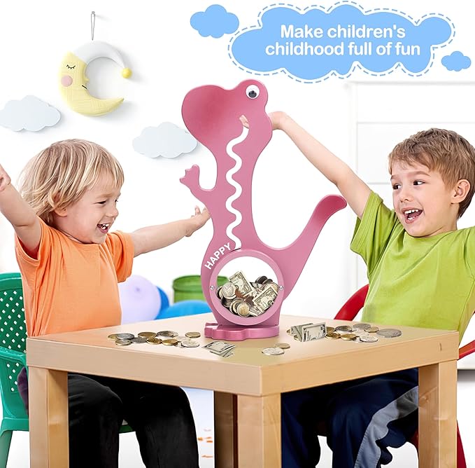 Wooden Dinosaur Piggy Bank Boalord for Boys Kids Girls Clear Big Belly Animal Coin Bank for Toddler Real Money ToyOoaDino-PinkOoa