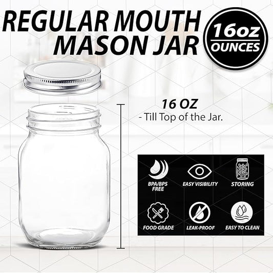 Glass Regular Mouth Mason Jars, 16 oz Clear Glass Jars with Silver Metal Lids for Sealing, Canning Jars for Food Storage, Overnight Oats, Dry Food, Snacks, Candies, DIY Projects (2 PACK)