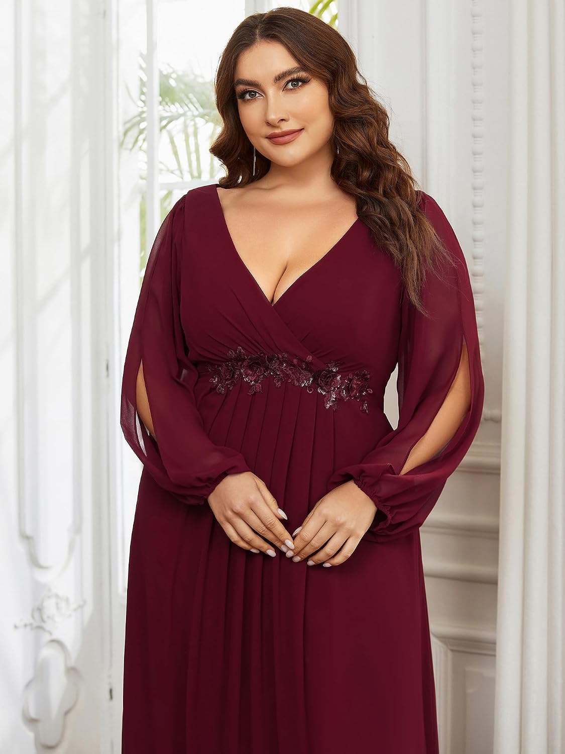 Ever-Pretty V Neck Long Sleeves Applique Chiffon Plus Size Long Ball Gown Formal Evening Dress for Women