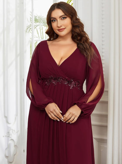 Ever-Pretty V Neck Long Sleeves Applique Chiffon Plus Size Long Ball Gown Formal Evening Dress for Women