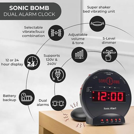 Sonic Bomb Dual Extra Loud Alarm Clock with Bed Shaker, Black  Sonic Alert Vibrating, Heavy Sleepers, Battery Backup  Wake with a Shake
