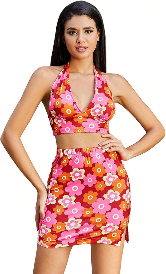 Verdusa Women's 2 Piece Outfit Floral Crop Halter Top and Split Bodycon Sets