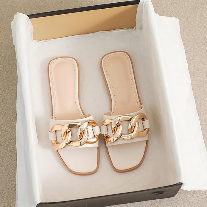 Zeberfi Women's Metal Chain Flat Slide Sandals Fashion Square Open Toe Single Band Slippers for Summer