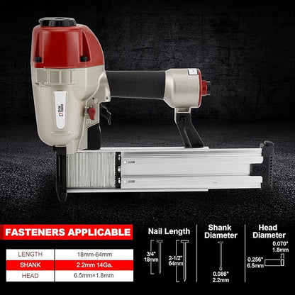 Concrete Nailer, 14 Gauge 34 Inch to 2-12 Inch Concrete T Nailer, Pneumatic Concrete Nail Gun for Furring Strips Lath to Masonry Plywood to Concrete Subflooring and Cement, Air Powered