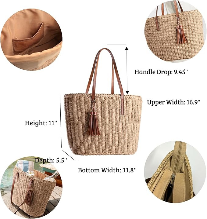 YXILEE Straw Bags For Women | M Size Travel Straw Totes Bag Woven Summer Handmade Shoulder Bag Handbag