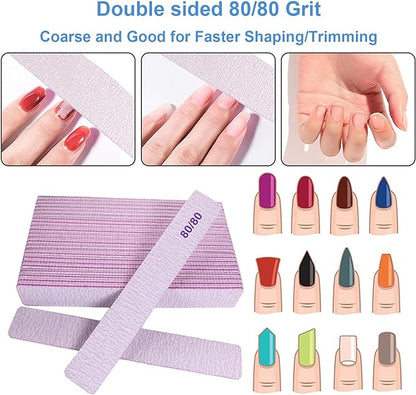 8080 Grit Nail Files, Emery Boards Nail File for Acrylic and Gel Nails, Coarse Nail File Double Sided 80 Grits Emory Professional Filers Reusable Washable Manicure Square Gray