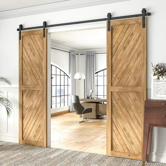 WINSOON 7.5FT Barn Door Hardware Kit: Double Sliding Door Hardware - Black Barn Door Track Kit - Carbon Steel Heavy Duty Door Rail - J-Shape Easy to Install for 45" Closet Panel(No Door)