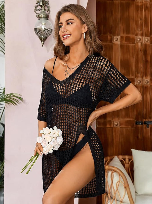 SOCIALA Swimsuit Coverup for Women Side Split Crochet Bathing Suit Cover Up Mesh Short Sleeve Beach Swimwear Dress