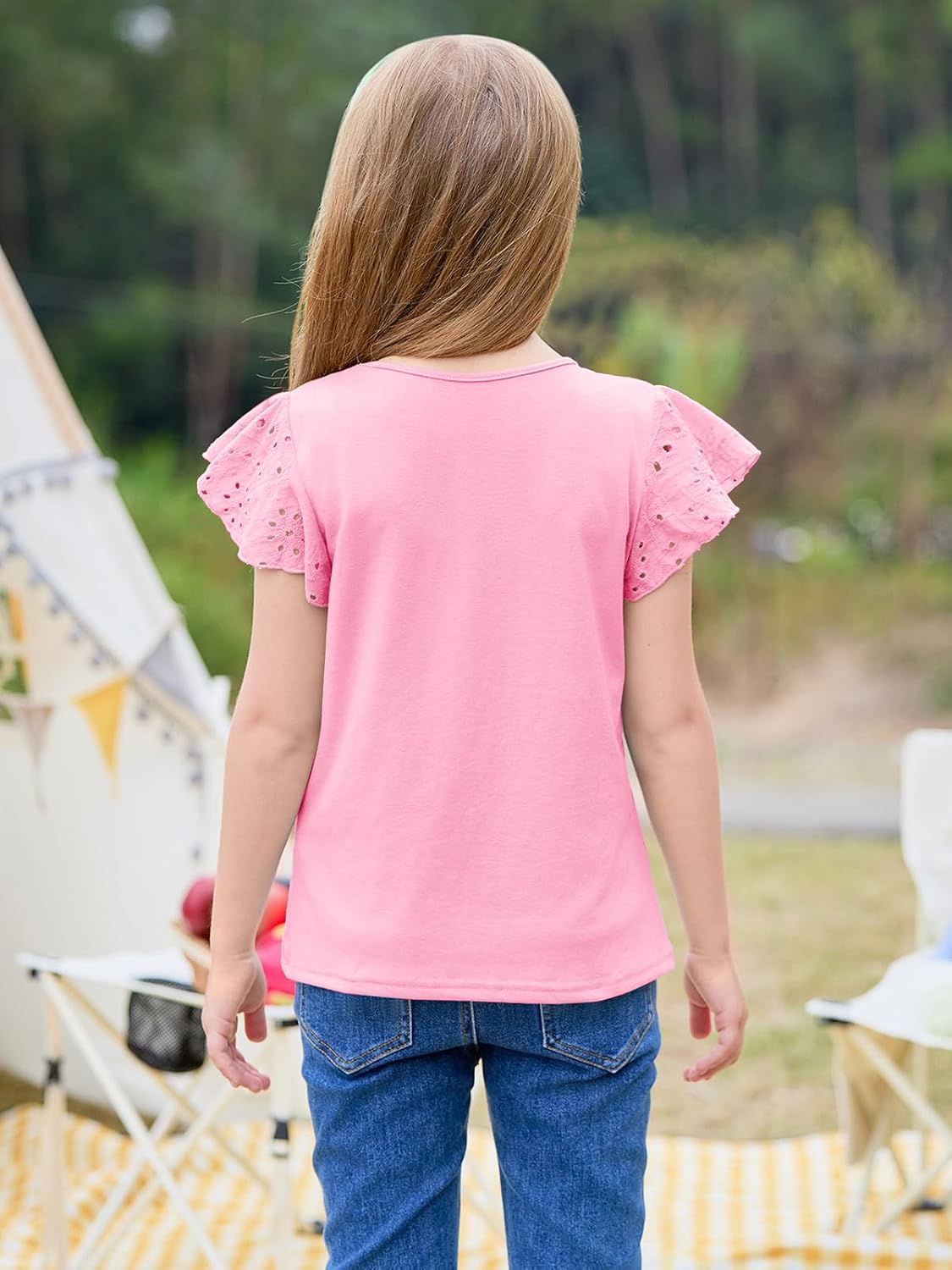 Imily Bela Girls Ruffle Sleeve Shirts Crewneck Eyelet Tops 4-15 Years | Cute summer casual blouse, soft breathable eyelet fabric with ruffle sleeves, comfortable daily shirts for kids