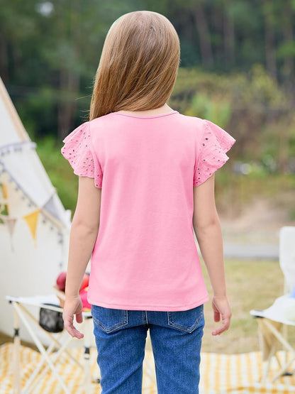 Imily Bela Girls Ruffle Sleeve Shirts Crewneck Eyelet Tops 4-15 Years | Cute summer casual blouse, soft breathable eyelet fabric with ruffle sleeves, comfortable daily shirts for kids