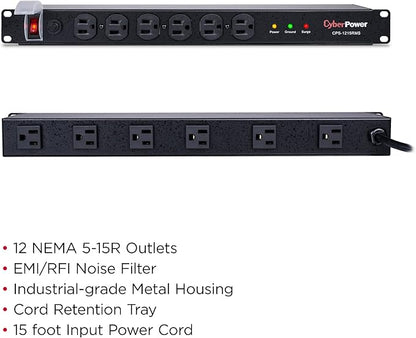 CyberPower CPS1215RMS Surge Protector, 120V15A, 12 Outlets, 15 ft Power Cord, 1U Rackmount