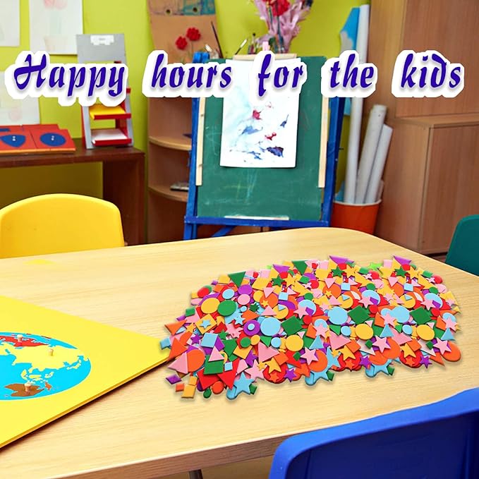 Gushu 1500Pcs Foam Stickers Foam Shapes Stickers for Kids,10 Colors Self Adhesive Craft Supplies Geometric Stickers with Googly Eyes for Preschool Craft DIY Program (Circle, Square, Triangle, Star)