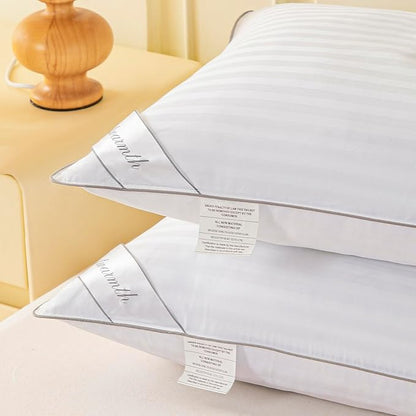Goose Feather Down Bed Pillow for Sleeping, Hotel Collection Queen Size Soft Bed Pillow,100 Cotton Cover Queen Size Stripe White 1 Pack